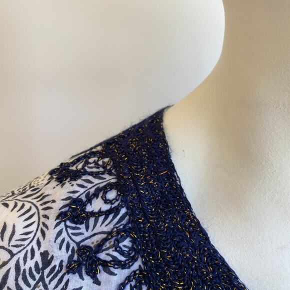 Roller Rabbit Cover-Up Tunic Dress Navy Gold Embroidery Print Blue sz M - Picture 2 of 10